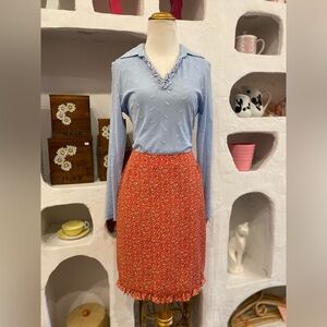 Vintage Lightweight Red Floral Mid-Length Pencil Skirt with Ruffle Hem